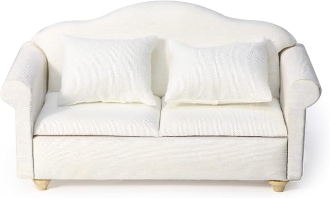 Dollhouse Couch Miniature Furniture Sofa with Pillows for Living Room Desktop Decoration Fabric Sofa Mini Home Scene Accessories Ornament (Double Sofa, White)
