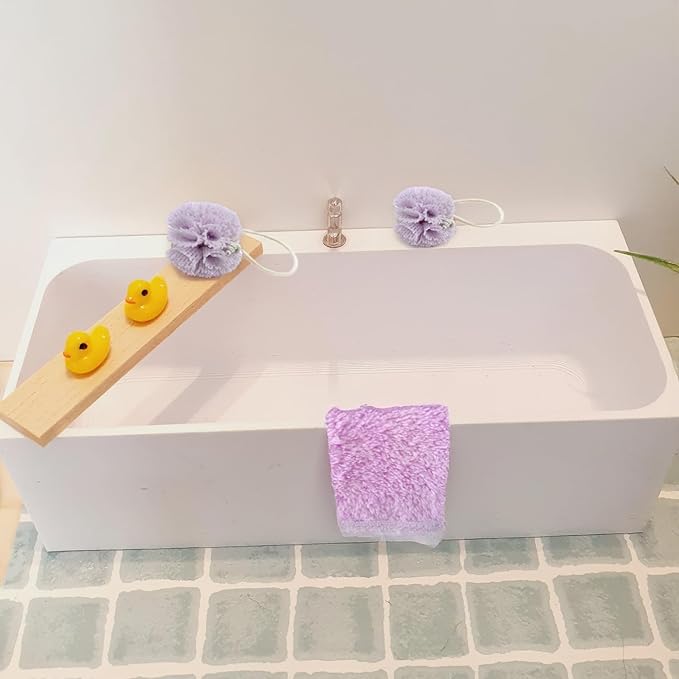 Miniature Bathroom Decor Set, Dollhouse Miniatures Bath Ball, Towel, & Yellow Duck, 1/12 Scale Accessories (Purple)