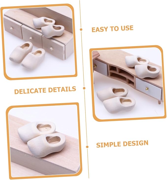 NAMOARLY 4 Pairs Miniature Wooden Doll Shoes DIY Craft Supply Unfinished Mini Clogs for Doll House Decor Accessories Sturdy Blank Wood Mini Shoes for Dollhouse Display and Crafting