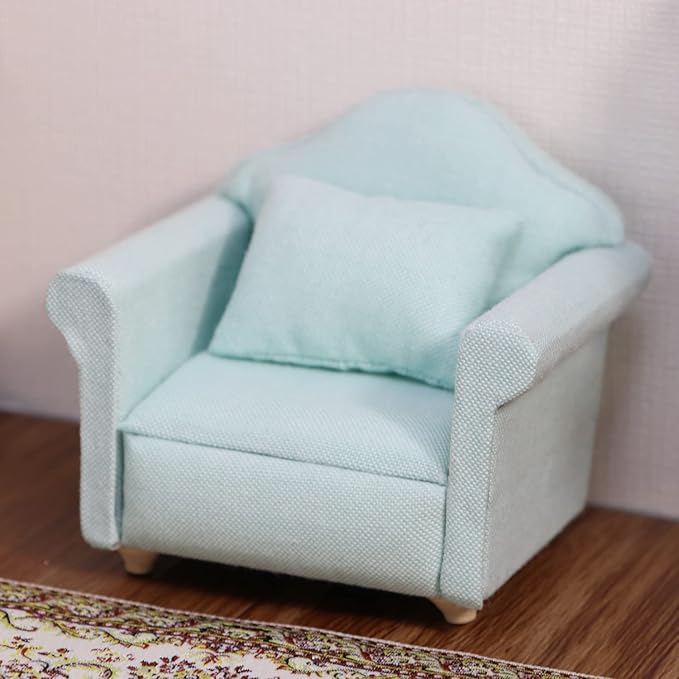 Dollhouse Couch Miniature Furniture Sofa with Pillows for Living Room Desktop Decoration Fabric Sofa Mini Home Scene Accessories Ornament (Single Sofa, Green)