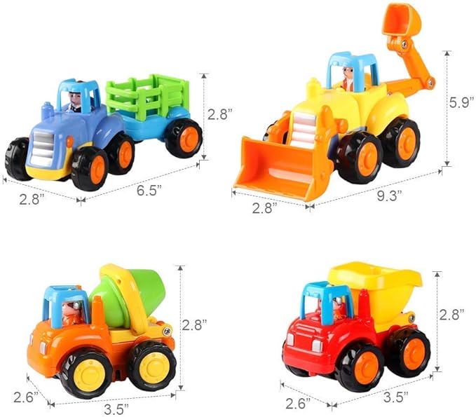Coogam 4 Pack Friction Powered Cars Construction Vehicles Toy Set Cartoon Push and Go Car Tractor, Bulldozer, Cement Mixer Truck, Dumper for Year Old Boy Girl Kid Gift