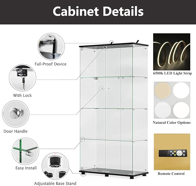 Modern 4-Tier Glass Display Shelf with 2 Doors, Curio Cabinet Collection - Floor Standing Display Case for Living Room, Bedroom, Home Office - 30" W x 14.5" D x 64" H (Black with LED Light Strip)