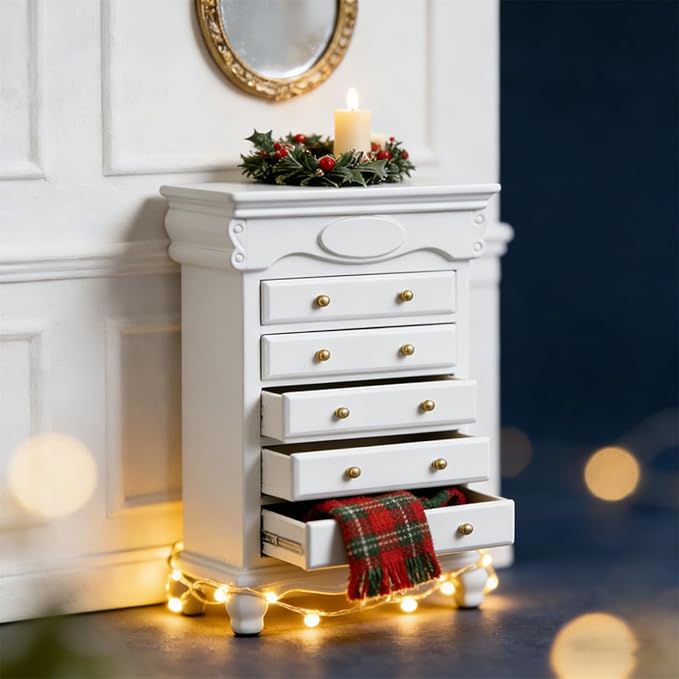 LOGOFUN Dollhouse Furniture Miniature Cabinet Bedside Cabinet Model Vintage Mini House Decoration (White)