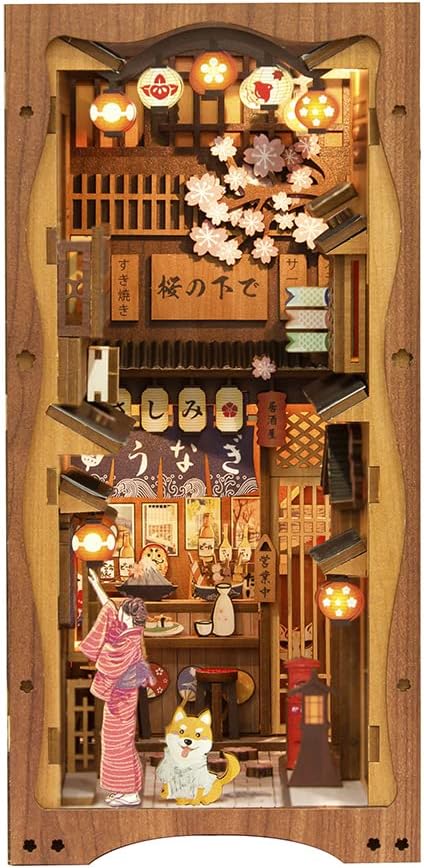 CUTEBEE Book Nook Kit - DIY Miniature House Japanese Sakura Dollhouse Kit for Adults, Booknook Tiny House Bookshelf Decor 3D Wooden Puzzle, Gifts for Family, Friends (Under The Sakura Tree)