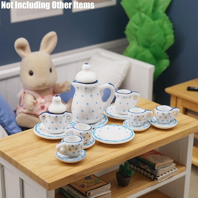 Odoria 1/12 Miniature Porcelain Tea Set 15Pcs Dollhouse Decoration Accessories, Blue Dots