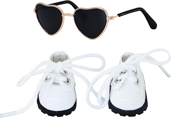 Suitable for 17cm Doll Clothing Accessories Set, Cute PU Leather Lace-up Mini Oxford Shoes and Glasses Two-Piece Set (White)