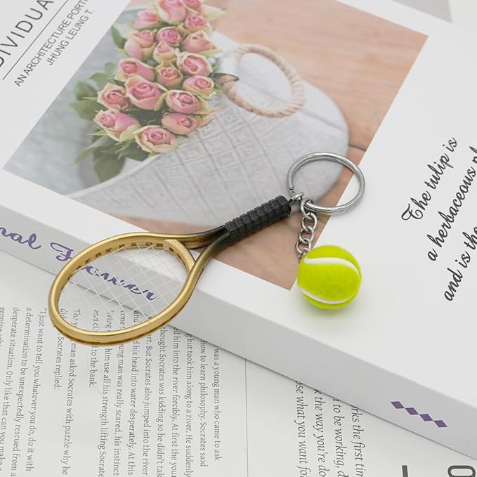 Moydolo Cute Mini Tennis Racket Keychain with Ball, Tennis Sport Lover Gifts Key Chain Ring