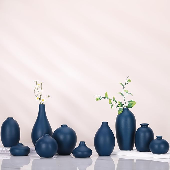 Ceramic Bud Vase Set of 10 - Blue mini Bud Vases in Bulk Dining Table Centerpieces, Cute Bulk Small Flower Vase for Pampas Grass&Single Flower Decor, Ideal Wedding Window Sill Aesthetic Desk Decor