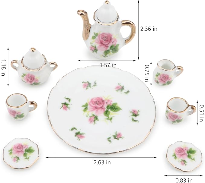 Dollhouse 1:6 Porcelain Tea Cup Sets 8 Pcs Set Miniature Ceramics Dollhouse Accessories Flower Pattern Teapot Platter Dish Sets Dollhouse Kitchen Supplies Decoration (Little Rose)