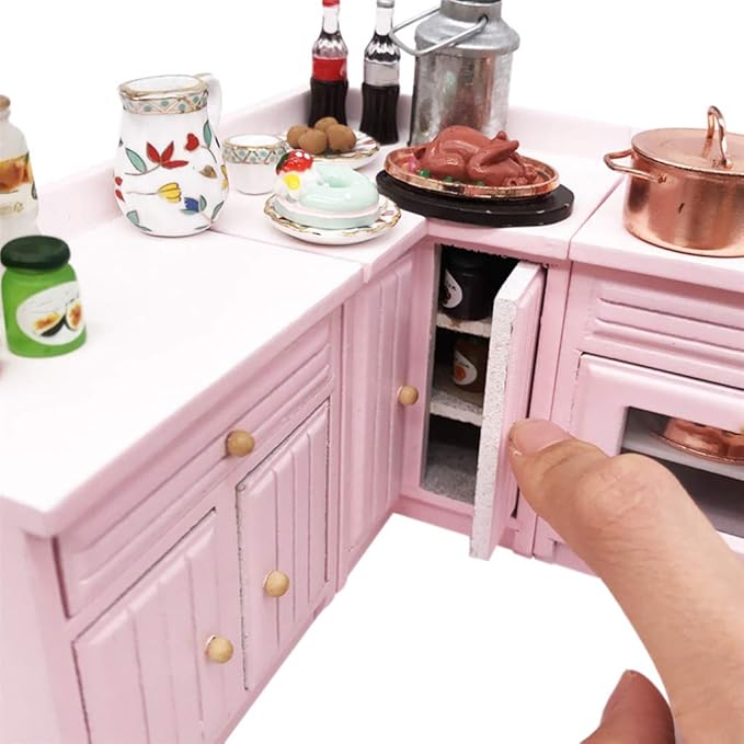 SXFSE Dollhouse Decoration Accessories,1:12 Dollhouse Miniature Furniture Wooden Kitchen Cabinet Set Freely Combined (Pink)