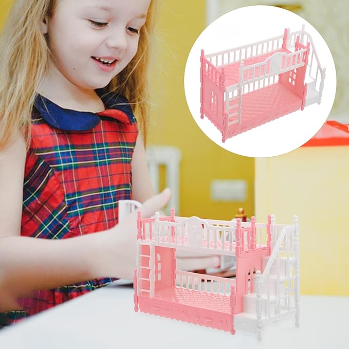 Miniature Bunk Bed Model with Ladder for 16cm Dolls, Dollhouse Bedroom Furniture, Pink, 8.66 X 5.51 X 3.14 Inches, Abs Material, Space-Saving Design for Mini House Decoration