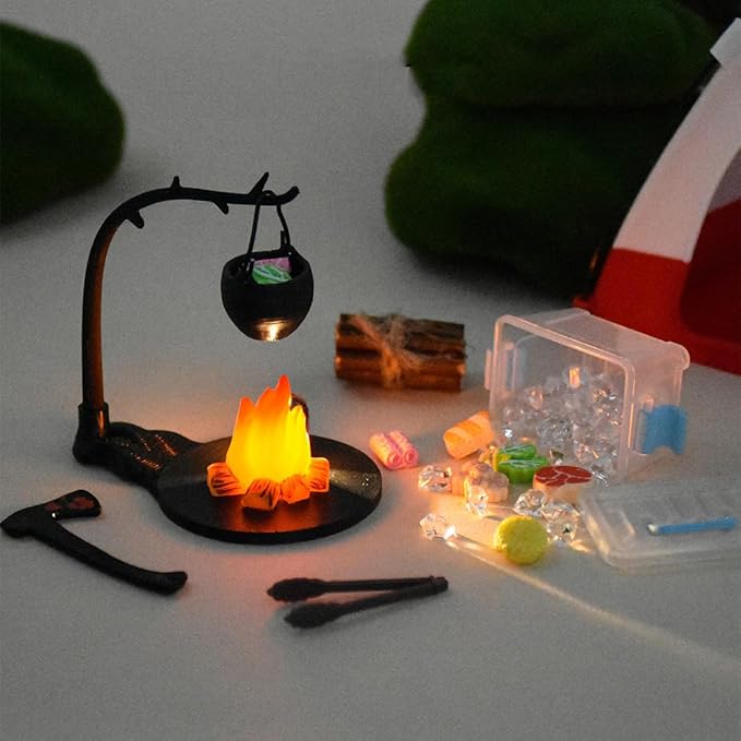 1/12 Scale Mini Realistic Camping and Picnic Model Set, Food-Play Props, Prentend-Play Accessory Set (Black Tent + Light + Ladybug + Picnic Food Items/Light-Up)