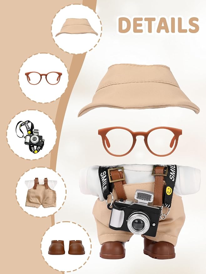17cm Doll Clothes Set, Hat & Overalls & Shirt & Shoes & Glasses & Camera Set for 17cm Accessories Suit, Stylish Dolls Clothes Accessories, Cute Clothes for Dress up Unique Style (Brown)