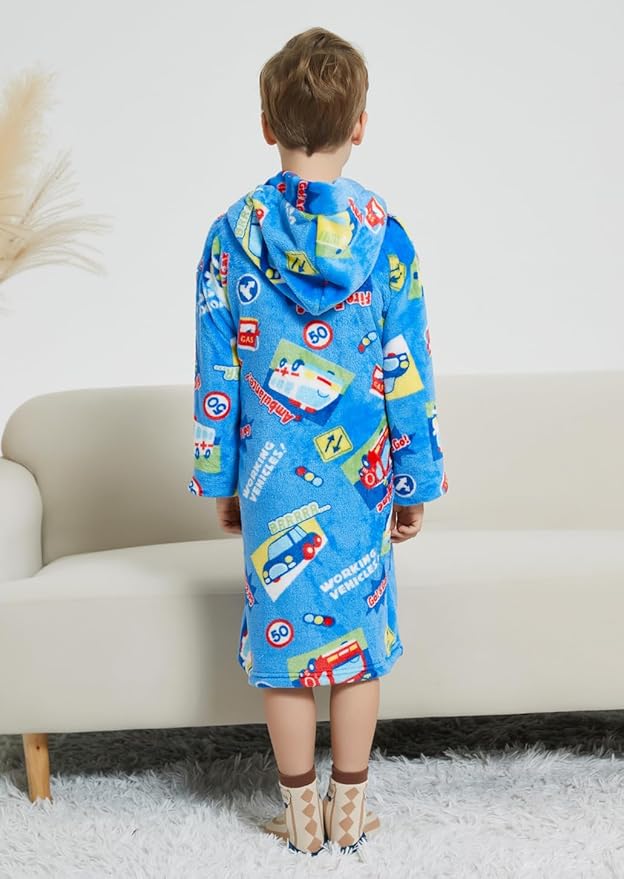 Boys Fleece Robe Hooded Toddler Soft Bathrobe Pajamas Sleepwear for Kids Girls 2-16 Years