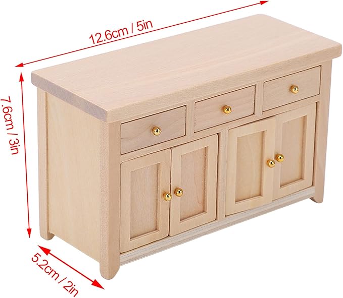 1:12 Scale Birch Dollhouse Storage Cabinet - Miniature Living Room Furniture for Dollhouses (Wood Color)
