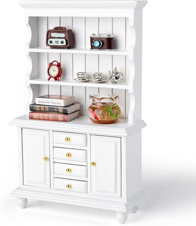 1/12 Dollhouse Cabinet Set, 11Pcs Dollhouse Miniature Wooden Bookshelf with Accessories (Alarm Clock, Fish Tank, Books, Coffee Cups) for Living Room,Dining Room,Study and Other Scenes