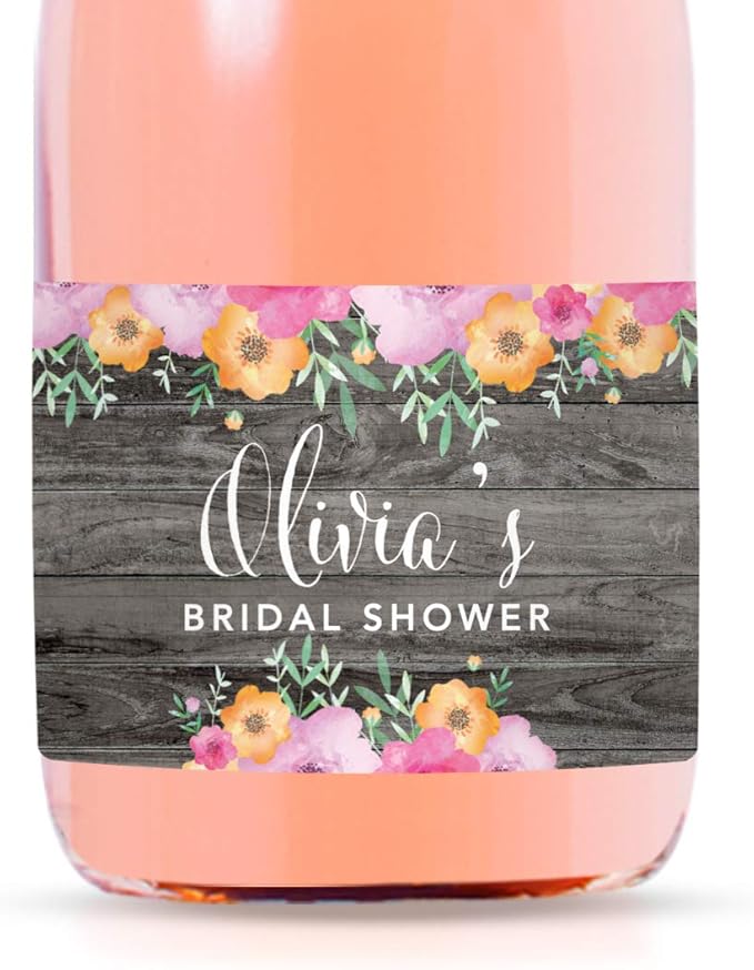 Andaz Press Personalized Mini Champagne Wine Bottle Labels, Olivia's Bridal Shower, Date, Rustic Gray Wood Floral Flowers, 20-Pack, Custom Mini Champagne Favor Gift Stickers