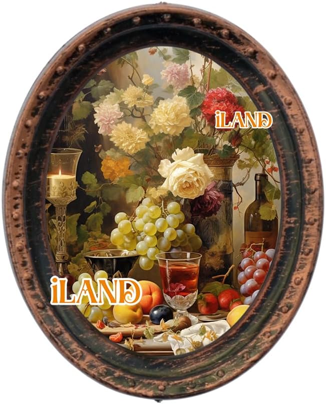 iLAND Miniature Dollhouse Accessories, 4 Dollhouse Picture Frames Set w/Printed Paintings (4 Dark Brass Oval Frames w/ 4 Pictures)