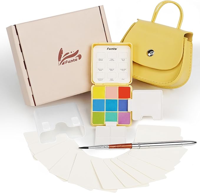 Funto Mini Watercolor Set Travel Kit with 9 Colors, Leather Bag & Watercolor Paper, Portable Drawing & Painting Supplies for Beginners, Art Gift Set