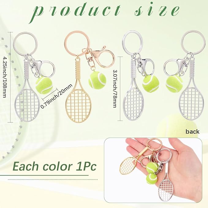 SOFPLATE 1 Box 2Pcs Tennis Bag Charm Mini Tennis Ball Keychain Sports Fan Key Chains Alloy Gold Silver Racket Hanging Metal Pendants Keyrings Charms for Purse Men Backpack Bag Lanyards Decorations