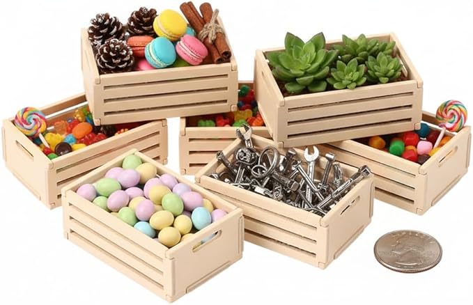 Veemoon 5pcs Small Crafts Wood Crates Basket, Miniature Dollhouse Christmas Furniture Decoration Accessories Paintable Mini Storage Box Rustic Display Wood Crates for Organizing Small Items (1.5×1")