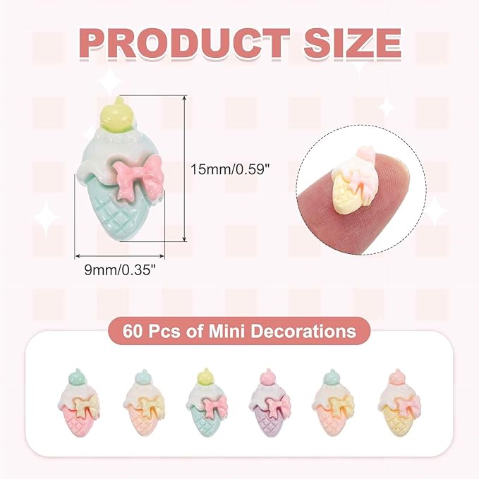 Mini Cute Bow Ice Cream Decor, Miniature Doll Food Crafts for Dollhouse & Landscape & Mini Kitchen & Micro Fairy Garden & DIY Craft Decorations(Light Colors, 60pcs)