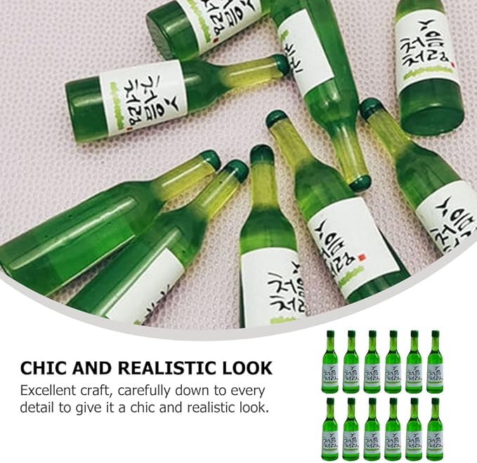 LUOZZY 12 Pcs Korean Soju Miniature Dollhouse Accessories - Mini Resin Wine and Beer Bottles - Fake Drink Models for Dollhouses