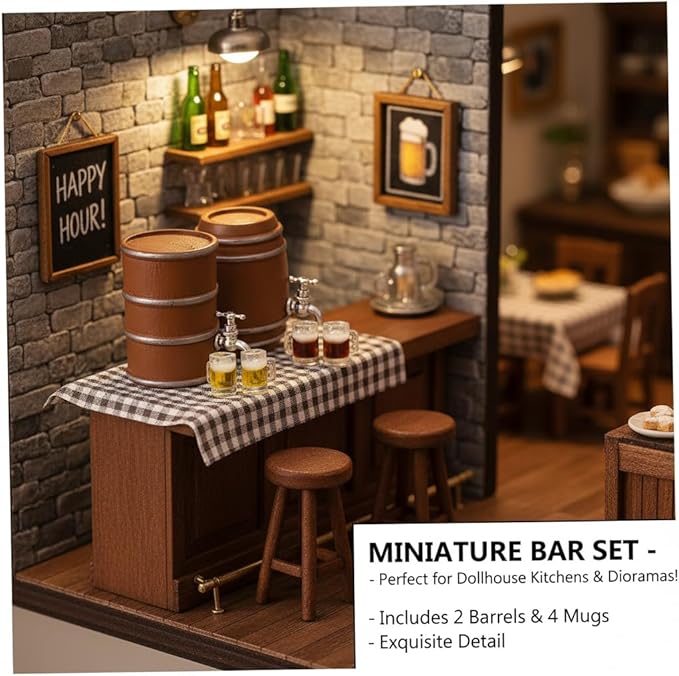 Miniature Beer and Wine Barrel Set with Mugs, Brown Wooden Style Kegs, 1:12 Scale Dollhouse Accessories, 6 Piece Collection