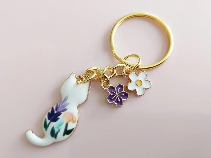 Agromusk Cute Cat Keychain, Enamel Flower Keyring Japanese Decor for Garden Cat Lovers, Kawaii Bag Charm With Sakura Flowers