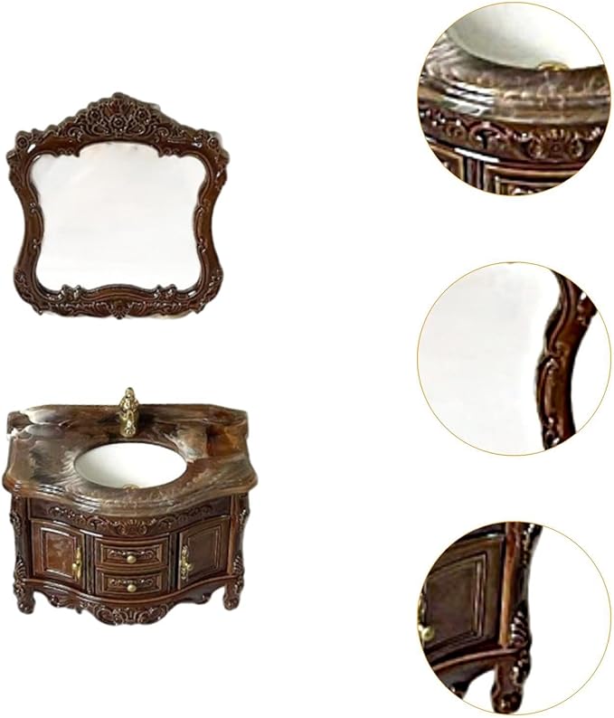 Luwecf 2 Pieces 1:12 Dollhouse Sink Cabinet Scene Model Ornament Bathroom Furniture Accessories Classic Mini Bathroom Washbasin Set, Brown