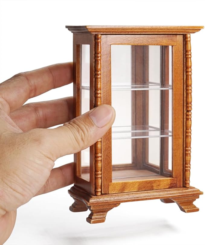 Odoria Dollhouse Display Cabinet Miniature: 1/12 Scale Mirrored Storage for Vintage Living Room - Mini Brown Curio Cabinets - Tiny Wood Furniture