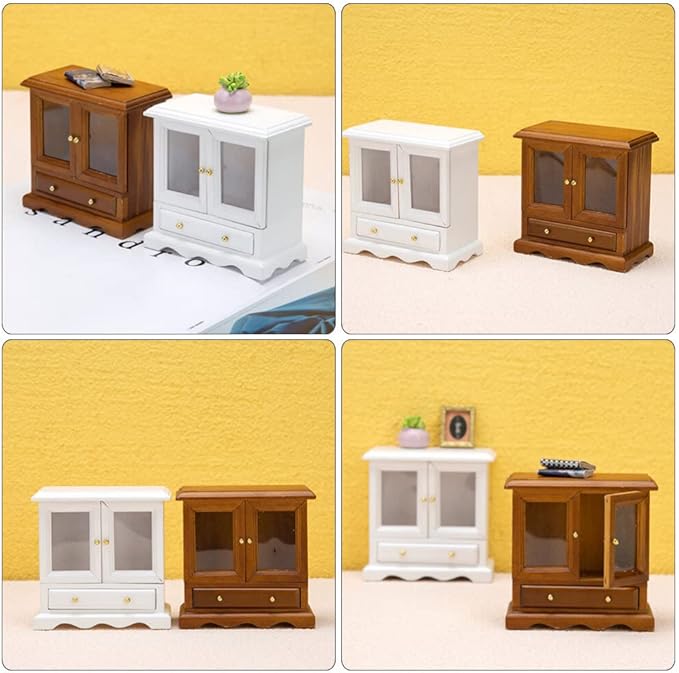 SAFIGLE Wooden Miniature Cupboard Bookshelf for Dollhouse - 1:12 Scale Rustic Furniture, Dollhouse Accessory and Organizer