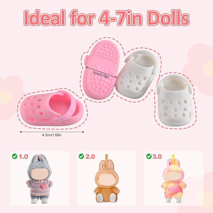 Cute Doll Shoes for Lububu, Premium Doll Shoes for 4-7in Dolls, Compatible with Lububu Doll Clothing & Outfits, 2 Pair of Clog Shoes(Pink and White)
