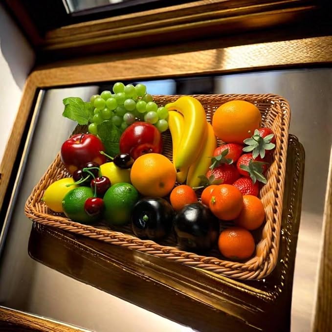 27pcs Fake Mixture Fruits for Home Decor Artificial Fruit Decorations Faux Artificial Lemon Grapes Banana Orange Red Apple Black Plum Fake Strawberry Plastics Cherry
