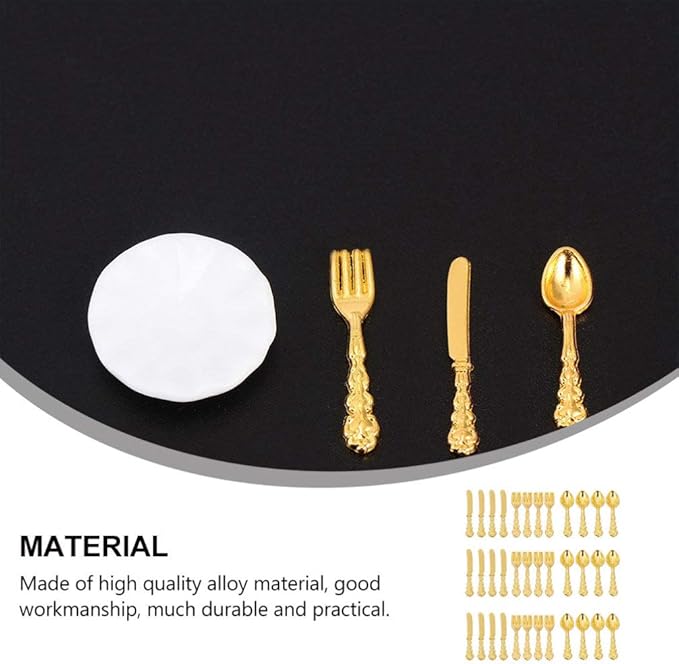 Kisangel Miniature Dollhouse Tableware Ornament 36Pcs Alloy Micro Cutlery Set Decorative Mini Dinner Accessories for Fairy House Display