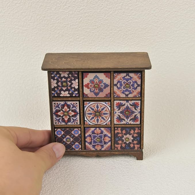 Miniature Dollhouse Cabinet 1:12 Scale Hand-Painted Wooden Vintage Farmhouse Chest of Drawers with Bohemian Persian Florals Christmas/Birthday Gift (Dark Brown)