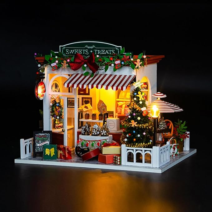 DIY Miniature House Kit for Adult and Teens, Christmas Candy House Building Kit for Family and Friends, Mini Wooden Dollhouse Kit for Halloween Christmas Birthday Gifts