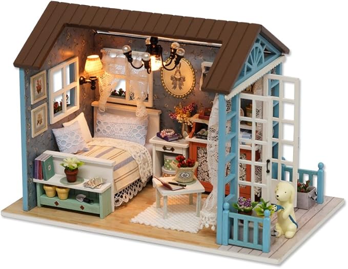 DIY Miniature Dollhouse Kits - Wooden Mini Model House with LED Lights, Tiny Furniture & Accessories – Craft Building Kits for Adults – Birthday Christmas Valentine's Gift- Blue Times