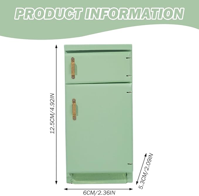 Otbushit Wooden Dollhouse Furniture 1/12 Scale Toy Refrigerator, Green Simple Retro Style Kitchen Miniature Delicate Fridge Model Accessory Pretend Play