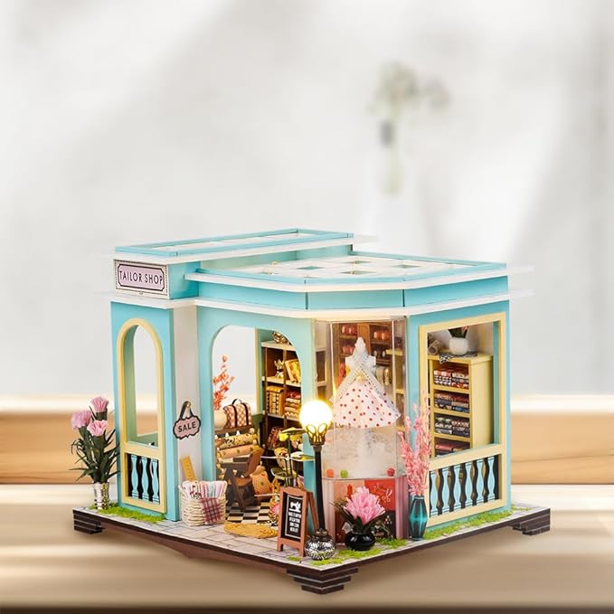 CRIOLPO DIY Miniature House Kit, DIY Doll House Miniature Kit for Adults, Tiny House Making Kit, Doll House Kit with Furnitures, Craft Kits, 3D Wooden Crafts Model - Tailor Shop