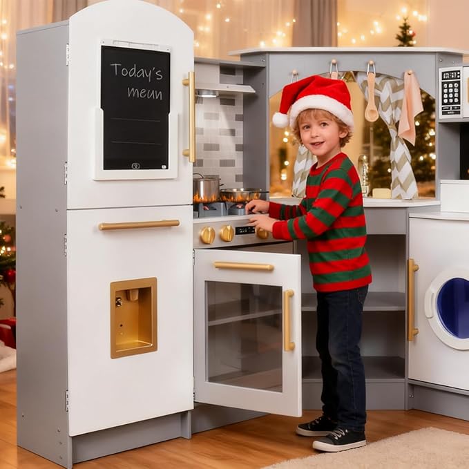 Large Wooden Corner Play Kitchen Sets with Ice Maker,Water Dispenser,Bread Maker,Washing Machine,Electronic Display,Toy Sink with Running Water,Stove with Light&Sounds, Birthday Gift for 3+