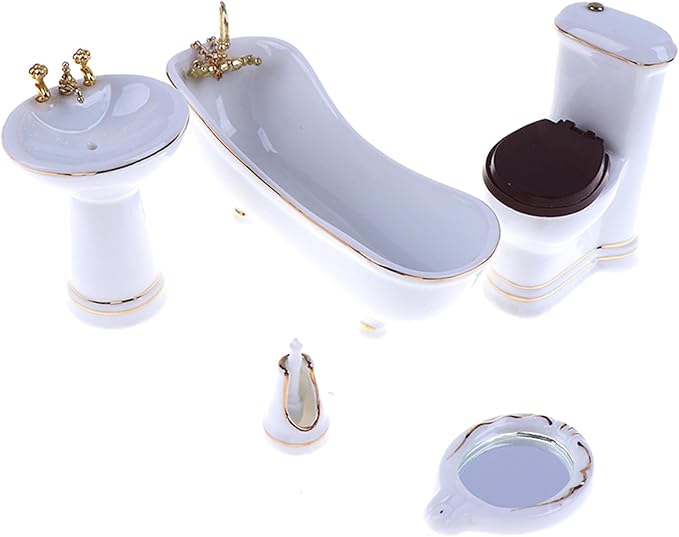 1:12 Dollhouse Miniature Porcelain Bathroom Set 5 PCS White Ceramic Toilet Basin Bathtub Mirror Miniature Furniture Doll Accessories for Bathroom Cake Topper Toy Fairy House Furniture Miniature Toys