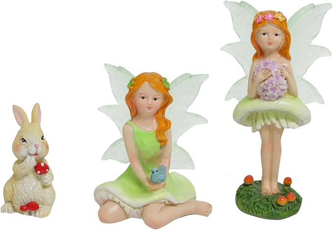 KOCNYDEY Mushroom Garden Miniatures Fairies Luminous Wings, Mini Garden Figurine Set Fairies Statues with a Rabbit for Outdoor Garden Yard Lawn Home Decor Lovely Resin Fairy Angel Accessories 3 PCS