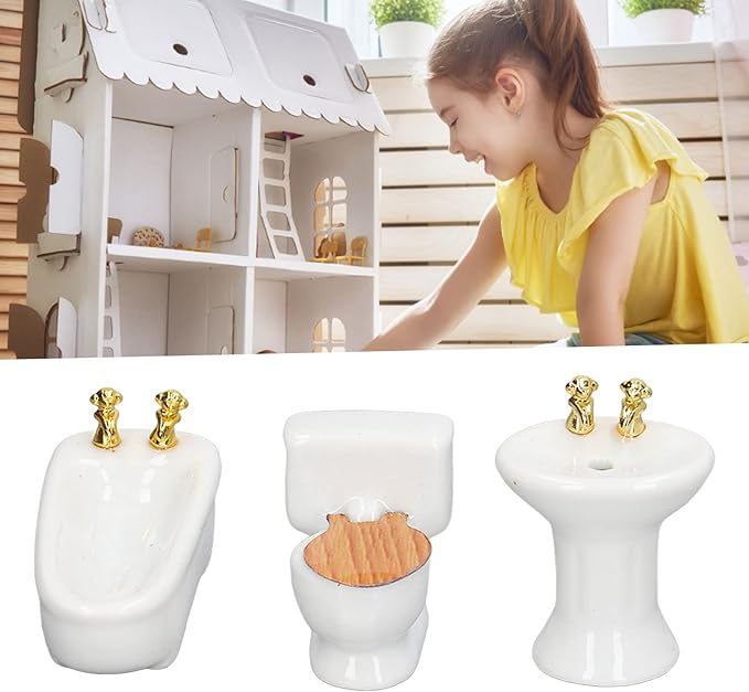 Dollhouse Miniature Bathroom Set Ceramic 3Pcs Simulation Bathtub Toilet Sink 1/24 Dollhouse Furniture (White)
