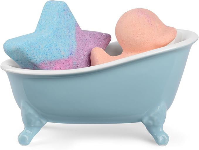 NEWHENGS 6.1" Vintage Ceramic Mini Decorative Clawfoot Bathtub Bar Soap Dish, Kitchen Sponge Holder and Shower Tray for Bathroom, 1 Pack (Baby Blue)