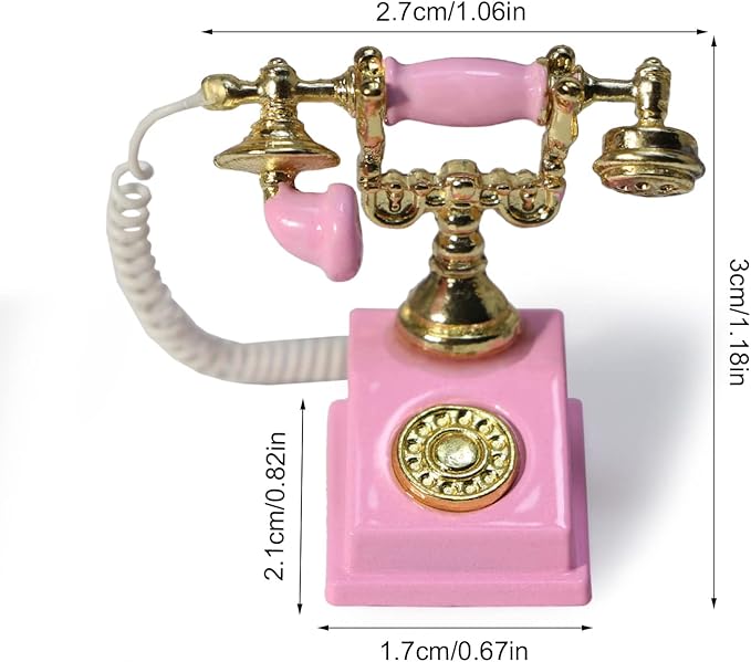 Dollhouse Telephone 1:12 Miniature Vintage Rotary Phone Model Desk Decoration Retro Mini Accessorries for Artificial House Living Room Scene (Pink)