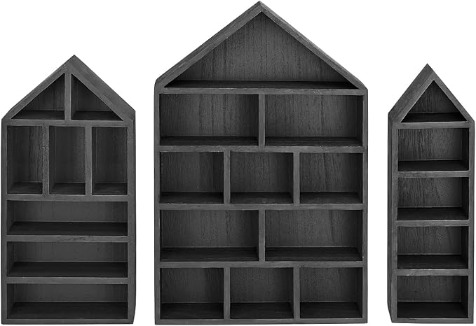 Ikee Design House-Shaped Wooden Shadow Cubby Box Display Shelf Organizer Storage Shadow Box for Mini Figures, Set of 3, 10 W x 2 1/4 D x 15 H in, Black Color