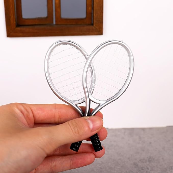 Miniature Tennis Racket Set,1/12 Scale Dollhouse Accessories and Décor，Mini Dollhouse Decoration Accessories for Tennis Decorations and Dollhouse Decor (Silver)