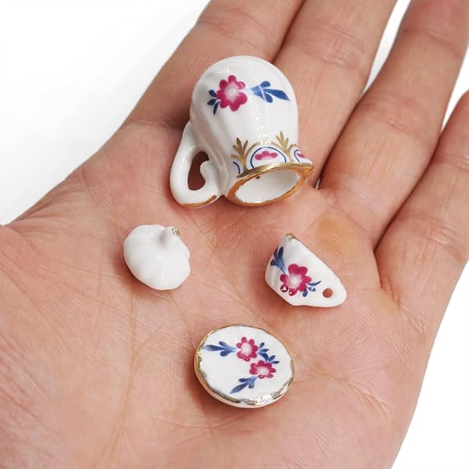 Odoria 1/12 Miniature Porcelain Tea Set 15Pcs Dollhouse Decoration Accessories, Purple Blossom