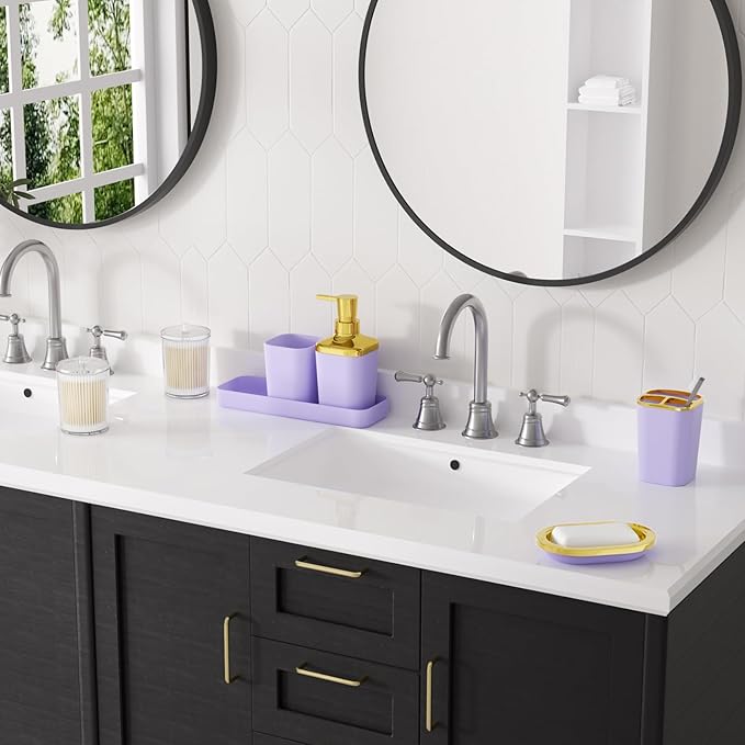 XLHOMO Purple Bathroom Accessories Set, Purple and Gold Bathroom Accessories with Trash Can, Soap Dispenser, Soap Dish, Toothbrush Holder and Q-tip Holders